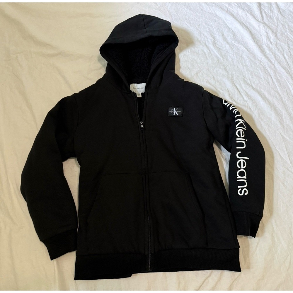 Calvin Klein Jeans Unisex Teen Fleece Lined Full Zip Black Hoodie Logo Sz 14/16